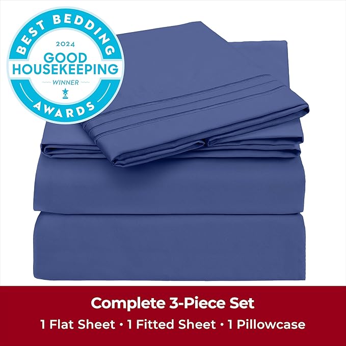 Mellanni Twin XL Sheets Set - 3 PC Iconic Collection Bedding - Hotel Luxury, Extra Soft, Cooling Bed Sheets - Wrinkle, Fade, Stain Resistant (Twin Extra Long, Blue Nova)