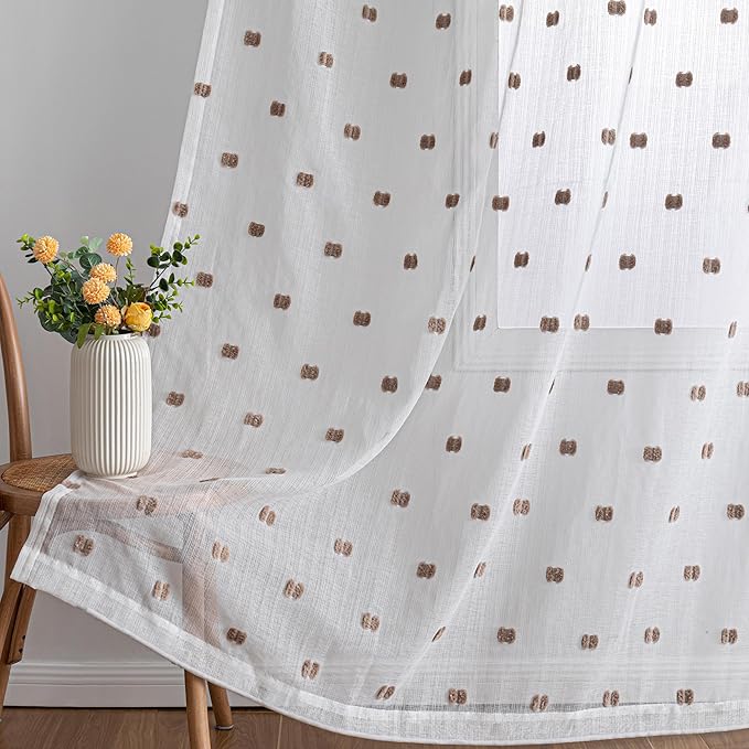 MYSKY HOME White Curtains for Bedroom 63 Inch Length Long Sheer Curtains for Kids Room Nursery Curtains with Taupe Patched Design Rod Pocket Privacy Window Drapes Dining Room 52" x 63" 2 Panels