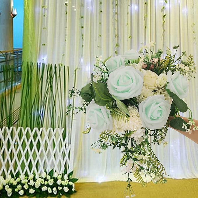 Artificial Fake Flowers 25pcs Roses, Light Green Foam Rose Faux Flower for DIY Wedding Bouquets Bridal Shower Centerpieces Floral Arrangements Party Table Home Decorations