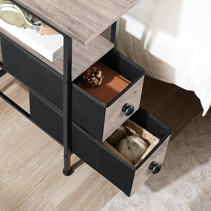 HOOBRO End Table with Charging Station, Narrow Side Table with 2 Fabric Drawers, Skinny Nightstand with Storage, Slim Bedside Table for Living Room, Small Spaces, Greige and Black BG487UBZ01