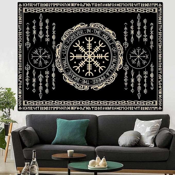 OSUNBD Nordic Vikings Tapestry Large 100x90inches Soft Flannel Vegvsir Symbol Amulet Celtic Rune Scandinavian Aesthetic Mythology Tapestry Wall Hanging for Bedroom Living Room Decor