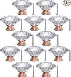 12-Pack Crystal Glass Cabinet Knobs for Home Decor, Vanity Drawers, Desks, Wardrobe Doors, Standard Screws Easy Installation for Home Refurbishment and Redecoration (Clear Crystal, 40mm, Pink Base)