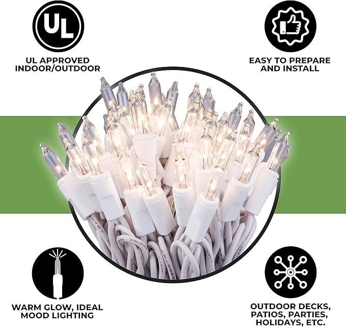612 Vermont 50 Clear Christmas Lights on White Wire, UL Approved for Indoor/Outdoor Use, 9 Foot of Lighted Length, 11 Foot of Total Length