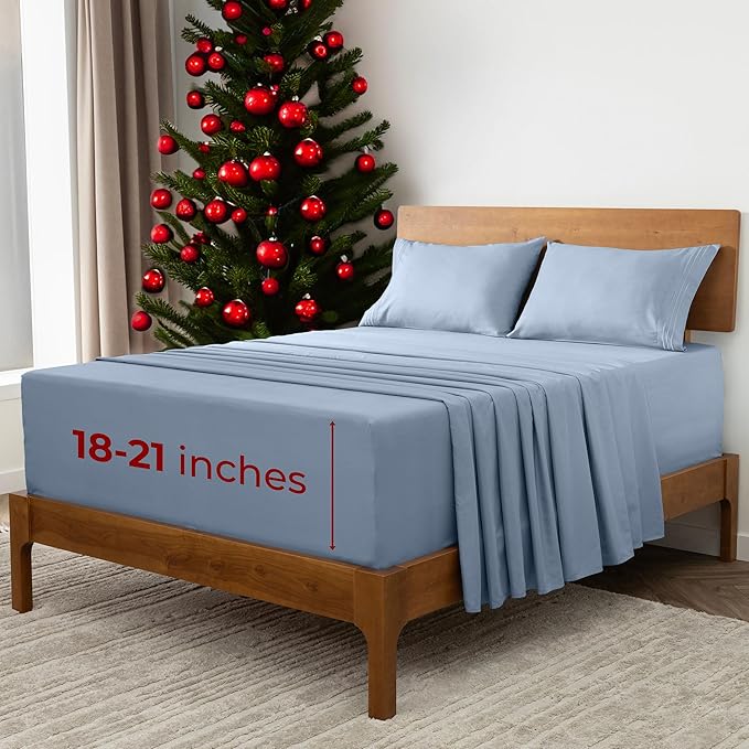 Mellanni Extra Deep California King Sheets - 4 PC Iconic Collection Bedding - Luxury, Ultra Soft, Cooling Bed Sheets - Wrinkle, Fade, Stain Resistant (Cal King, Blue Hydrangea)