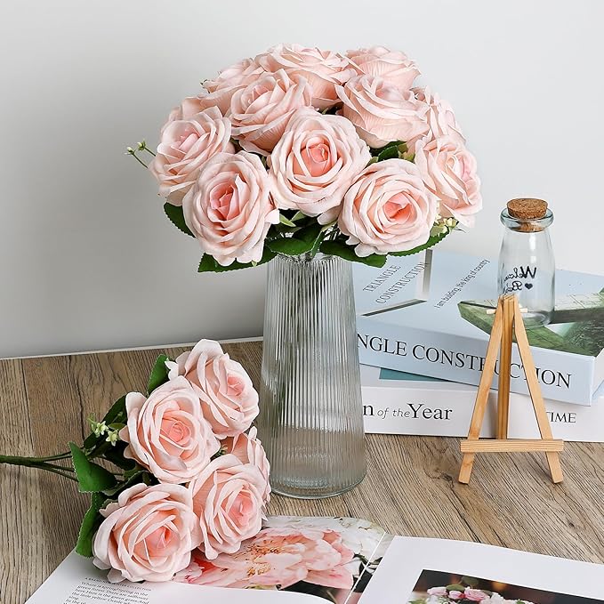 Artificial Roses Bouquets - 8 Bundles Fake Silk Flowers Realistic Faux Florals Bulk for Wedding Bridal Party Baby Shower Event Home Arrangements Centerpieces Decorations (Pink)