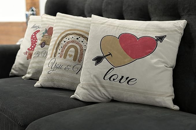 Ambesonne Romantic Throw Pillow Cushion Case Pack of 4, Love Hearts Arrow You and Me Be My Valentine Hugs Kisses Lettering, Modern Accent Double-Sided Digital Printing, 20", Ivory Camel and Dark Pink