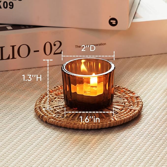 Homemory 12 Pcs Tealight Candle Holders, Amber Votive Candle Holders, Glass Candle Holder for Table Centerpiece, Wedding, Baby Shower, Birthday, Party, Halloween, Christmas