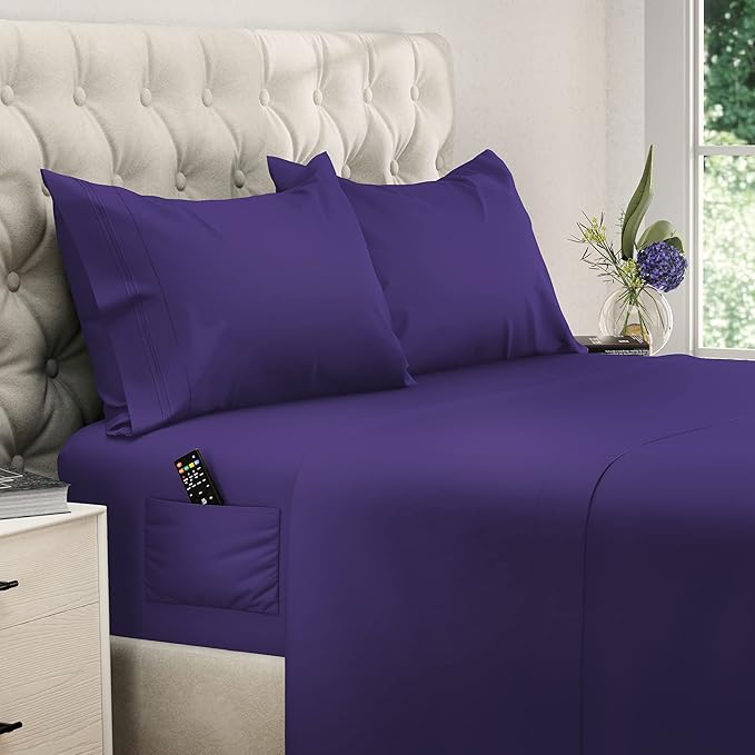 DREAMCARE King Size Sheets Set – 4 pcs Cooling Sheets – up to 21” Deep Pocket King Sheet Set – Hotel Luxury Sheets & Pillowcases – Superior Softness 100% Fine Microfiber with Side Pocket – Purple