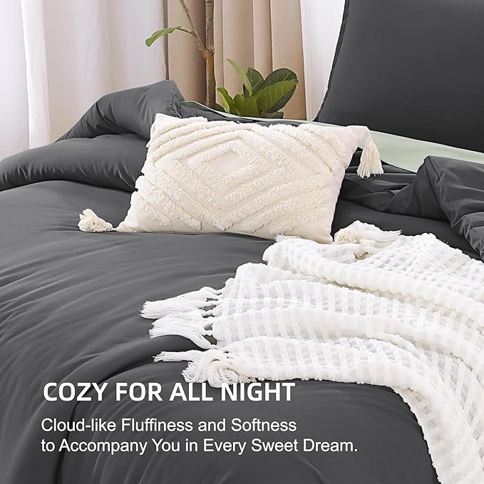 Litanika Dark Grey Comforter Set California King Size, 3 Pieces Cal King Gray Lightweight Plain Bedding Comforter Set, Oversized All Season Fluffy Bed Set (104x96In Comforter & 2 Pillowcases)