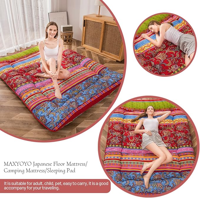 MAXYOYO Bohemian Retro Floor Mattress Vintage Floral Japanese Futon Mattress Roll Up Sleeping Bed King Portable Camping Mattress Floor Lounger Couch Bed Mattress Pad, King