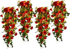 RECUTMS Hanging Rose Flowers Artificial Vines for Outdoors with 30 LED Fairy String Lights Indoor Home Garden Wall Wedding (Red)