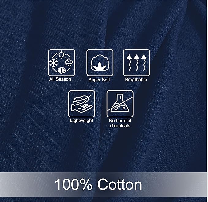 COTTON CRAFT Soft Cotton Thermal Blanket - Plush Herringbone Twill - All Season Luxurious Breathable Skin Friendly Lightweight Cooling Throw Blanket - Sofa Couch Travel Camping Dorm - Full Queen Navy