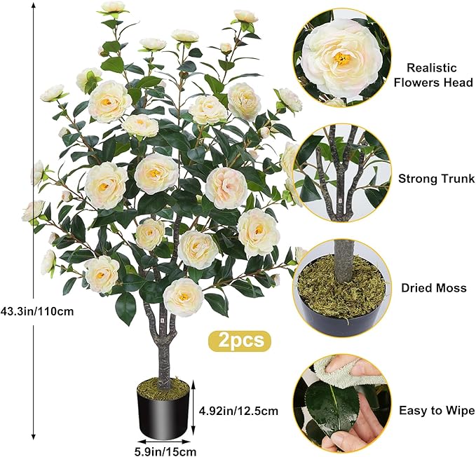 3.6FT Artificial Camellia Fake Tree, Artificial Plants & Flowers with 32 Yellow Pink Flowers for Door Front Decoration Porch Patio Living Room Office Indoor Outdoor Decor (2PCS Contains Dried Moss)