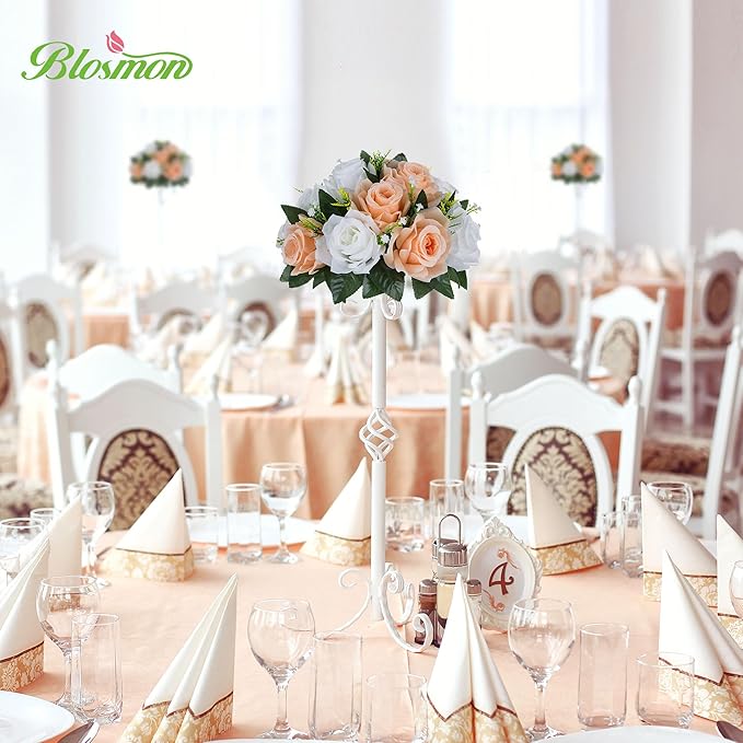 BLOSMON Flower Balls for Wedding Centerpieces: 10pcs Peach Fuzz 9.5 Inch Fake Rose Kissing Ball Decor Artificial Floral Arrangements Silk Bouquet with Base Home Party Room Table DIY Decorations