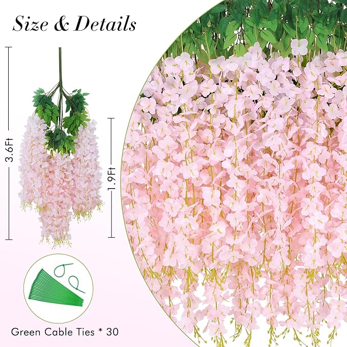 60 Pack Light Pink Wisteria Hanging Flowers, Fake Flowers for Decoration, Artificial Hanging Flowers,Vines for Bedroom,Flower Garland for Home,Party,Garden, Wall,Wedding Decoration(3.6 Ft/Pcs)