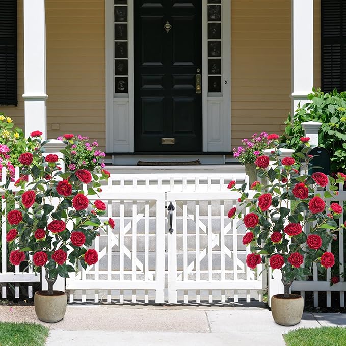 3.6FT Artificial Camellia Fake Tree, Artificial Plants & Flowers with 32 Red Flowers for Door Front Decoration Porch Patio Living Room Office Indoor Outdoor Decoration (Contains Dried Moss)