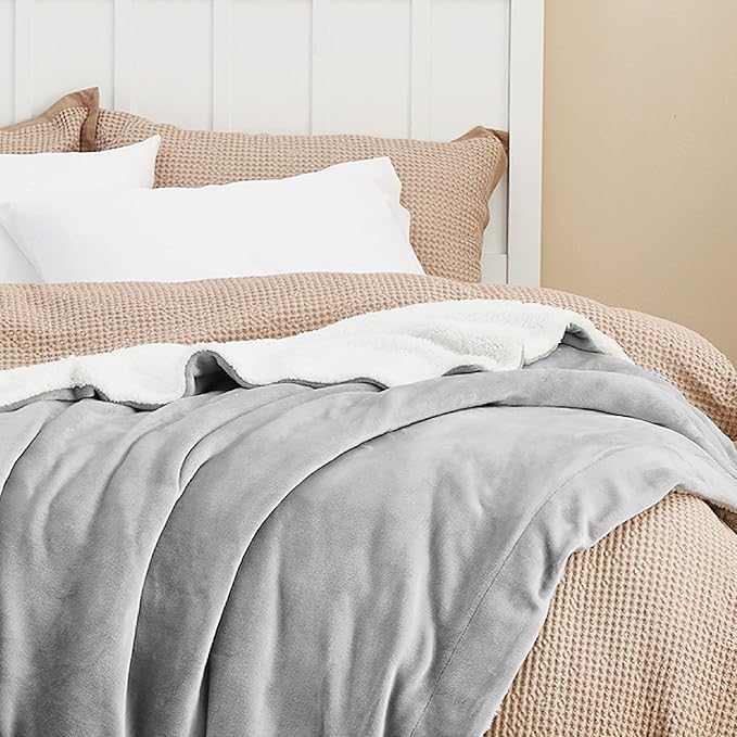 Bedsure GentleSoft Sherpa Fleece Blankets Queen Size for Bed - Thick and Warm Throw for Women and Men, Soft Fuzzy Plush Queen Blanket for Winter, Light Grey, 90x90 Inches