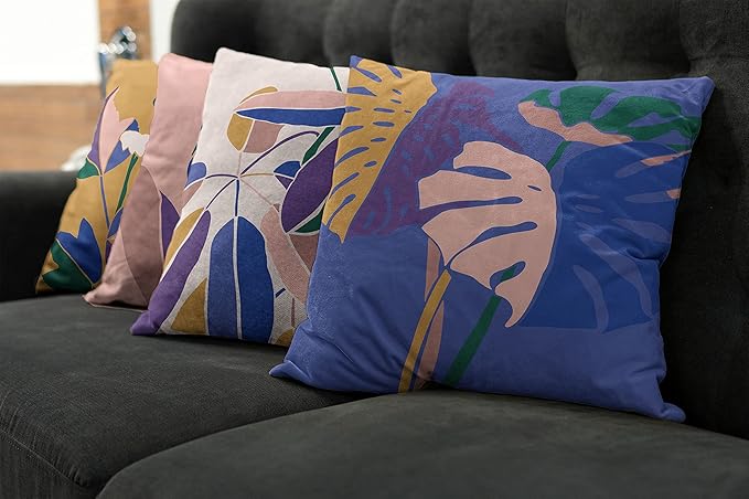 Ambesonne Exotic Throw Pillow Cushion Case Pack of 4, Tropical Themed Leaves Branches Monstera Plant Summer Vibes Pastel, Modern Accent Double-Sided Digital Printing, 16", Peach Blue Violet Mustard