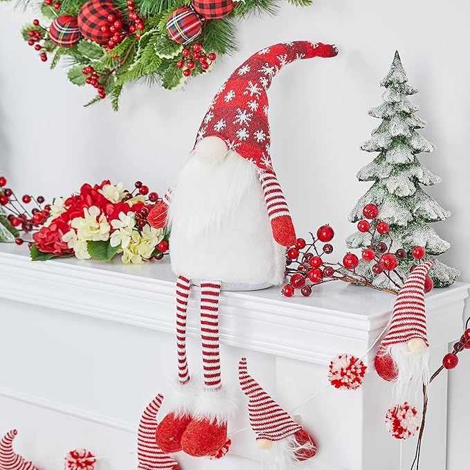 Glitzhome 28" H Fabric Gnome Christmas Decorations with Dangling Legs & Knitted Hat, Plush Gnome Elf Ornaments for Tabletop Party Holiday Decor