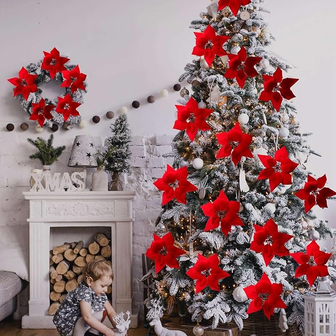 3 Pack Christmas Artificial Poinsettia Flowers Stem Bouquets Outdoors with 15pcs 8.2 Inch Red Poinsettia Flowers Heads for Christmas Tree, Xmas Garland, Vase, Window Box, Porch Home Decorations