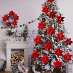3 Pack Christmas Artificial Poinsettia Flowers Stem Bouquets Outdoors with 15pcs 8.2 Inch Red Poinsettia Flowers Heads for Christmas Tree, Xmas Garland, Vase, Window Box, Porch Home Decorations