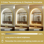 24x36 Inch Arched Gold LED Mirror for Bathroom, Adjustable 3000K/4500K/6000K, Wall Mounted Framed Lighted Bathroom Vanity Mirror with Lights, Anti-Fog, Dimmable, Memory Function