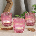 Vintage Ribbed Pink Glass Tealight & Votive Candle Holders (Set of 12) - Wedding, Bridal Shower Party Table Decor, Fall, Boho, Shelf Decoration