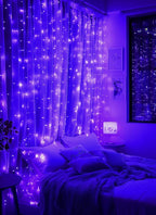 Brightown 300 LED Purple Halloween Fairy Curtain Lights, 9.8ft x 9.8ft Curtain String Lights, USB Plug in 8 Lighting Modes LED Christmas String Hanging Lights with Remote for Bedroom Indoor Weddings