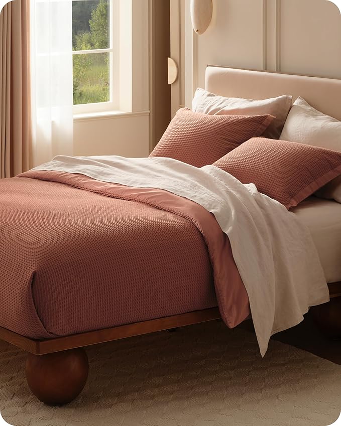 Bedsure Cotton Duvet Cover King - 100% Cotton Waffle Weave Burnt Orange Duvet Cover King Size, GentleSoft™ and Breathable Bedding Set for All Season, 3 Pieces, 104"x90"