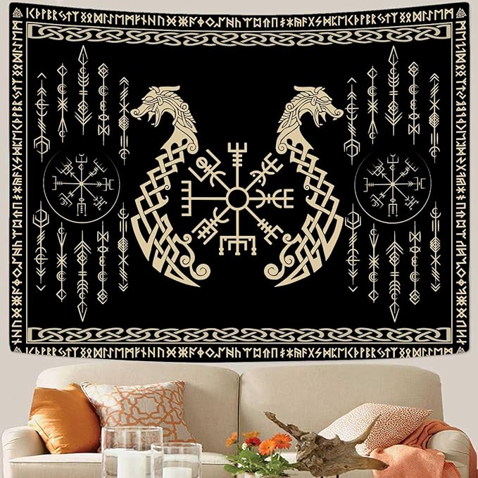 OSUNBD Viking Dragon Tapestry Ancient Rune Dragon Totem Norse Mythology Wall Art Tapestries Black Mystical Geometric Norse Mythology Tapestry Large Size 78.7”x59.1” for Bedroom Living Room Dorm