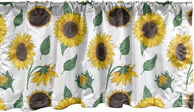 Ambesonne Sunflower Window Valance, Agricultural Pattern Botanical Inspiration Hand-Drawn Flowers, Curtain Valance for Kitchen Bedroom Decor with Rod Pocket, 54" X 18", Reseda Green Dark Brown