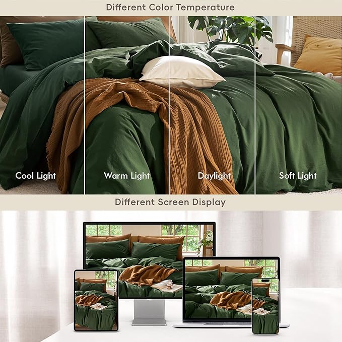 MooMee Bedding Duvet Cover Set 100% Washed Cotton Linen Like Textured Breathable Durable Soft Comfy (Solid Forest Green, Twin 68"x90")