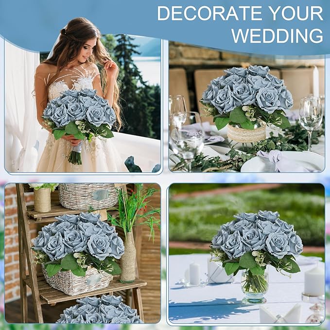 Artificial Roses Bouquets - 8 Bundles Fake Silk Flowers Realistic Faux Florals Bulk for Wedding Bridal Party Baby Shower Event Home Arrangements Centerpieces Decorations (Dusty Blue)