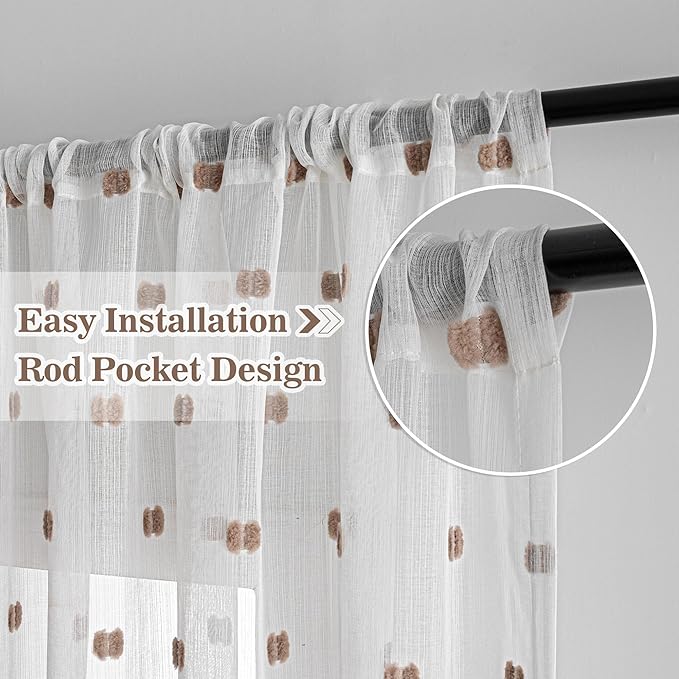 MYSKY HOME White Curtains for Bedroom 63 Inch Length Long Sheer Curtains for Kids Room Nursery Curtains with Taupe Patched Design Rod Pocket Privacy Window Drapes Dining Room 52" x 63" 2 Panels