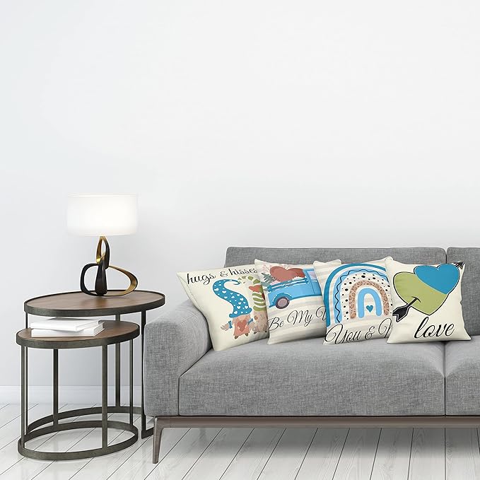 Ambesonne Romantic Throw Pillow Cushion Case Pack of 4, Love Hearts Arrow You and Me Be My Valentine Hugs Kisses Lettering, Modern Accent Double-Sided Digital Printing, 18", Ivory Blue and Olive Green
