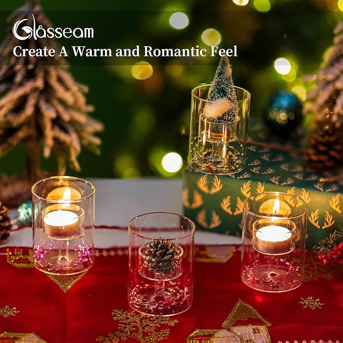 Glasseam Tea Lights Candle Holder: Set of 12 Decorative Modern Clear Glass Cylinder Candle Holders for Table Wedding Centerpiece Birthday Party Decorations