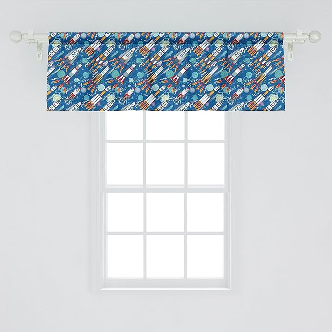 Ambesonne Spaceship Window Valance Pack of 2, Hand-Drawn Cartoon Spaceships Planets and Stars Outer Space Exploration Theme, Rod Pocket Curtain Valances for Kitchen Bedroom, 54" X 18", Violet Blue