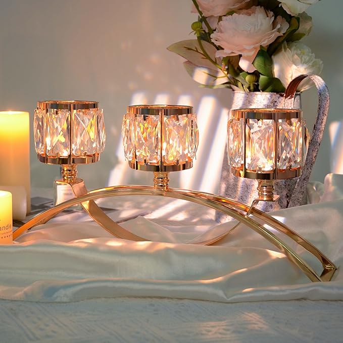 3 Arms Crystal Candle Holders, Arch Candlestick Table Candelabras Centerpieces for Wedding, Dinning Room, Cabinet Ornaments, Home Decoration， Gift (Gold, 2 Pcs-3 Arm Arched)