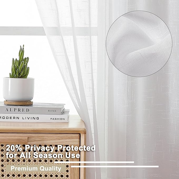 Aiyufeng Kirei Faux Linen White Sheer Curtains 84 Inches Long 2 Panels Set, Light Filtering Slub Textured Farmhouse Rod Pocket Sheer Curtain Drapes for Living Room Bedroom, Each 40Wx84L Inch