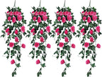 RECUTMS Artificial Rose 4Packs Fake Hanging Flower Faux Ivy Vine Plants for Home Window Garden Office Patio Planter Pathway Front Porch (Rose Red)