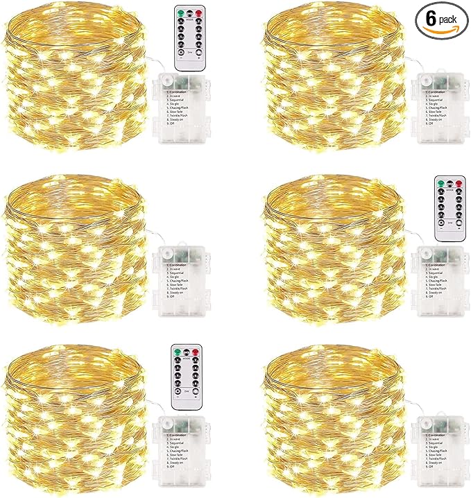 6 Pack 100 LED Fairy Lights Battery Operated with Remote, 33FT Waterproof Twinkle Lights with Timer & 8 Modes, Fairy String Light Outdoor Indoor for Bedroom Classroom DIY Christmas Decor (Warm White)