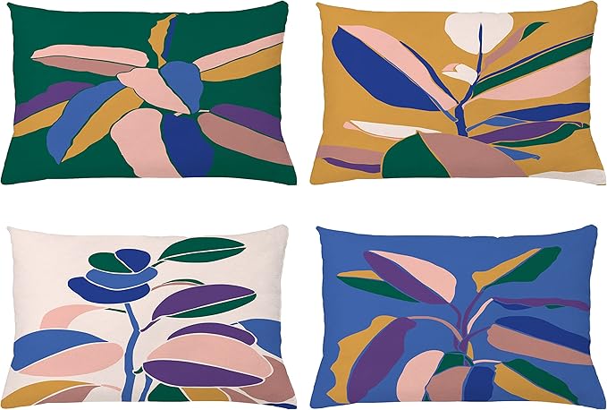 Ambesonne Floral Throw Pillow Cushion Case Pack of 4, Abstract Botanical Look Design of Modern Leafy Plant Ornament Print, Modern Accent Double-Sided Printing, 20" x 12", Hunter Green Blush and Blue