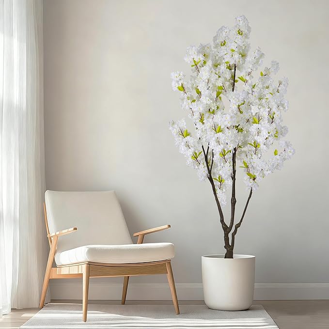 Artificial White Cherry Blossom Tree 6ft(74in) Faux White Flower Tree Indoor Decor Handmade Natural Fake Cherry Tree for Wedding Realistic Cherry Blossom Plant for Home,Living Room,Office Decor
