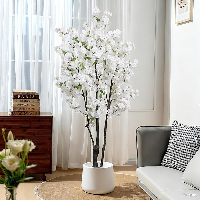Artificial White Cherry Blossom Tree 6ft(72in) Faux Floor Green Plant for Indoor Decor Natural Potted Tree Realistic Cherry Flowers Wood Trunk for Home Living Room,Office Perfect Housewarming Gift