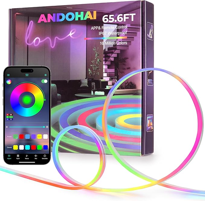 65.6FT LED Neon Rope Lights, Flexible Led Rope Lights Control with App/Remote, IP67 Outdoor RGB Color Changing Led Neon Lights Waterproof, Music Sync Led Strip Neon Lights for Bedroom Decor