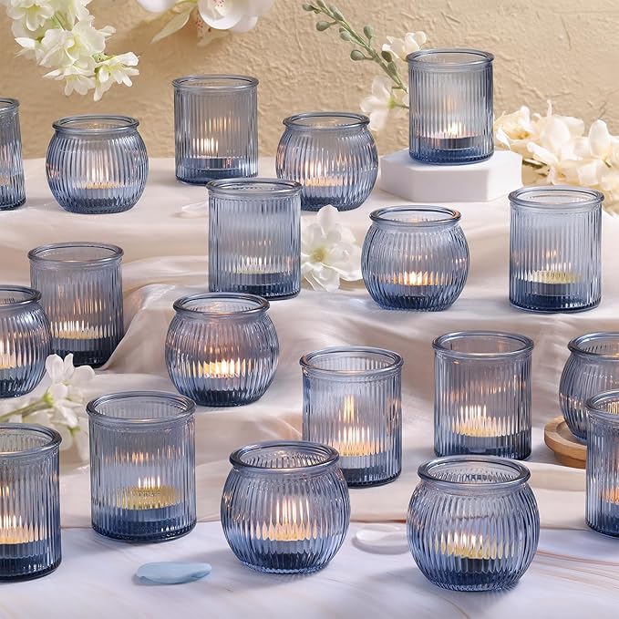 24pcs Assorted Blue Votive Candle Holders for Wedding Decorations, Ribbed Tea Lights Candle Holder Glass, Blue Candle Holders for Table Centerpiece, Party and Holiday Decorations