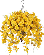 Artificial Fake Fall Hanging Flowers Plants Baskets for Outdoor Decoration, 5Pcs Faux Silk Hibiscus Long Vines in Planter UV Resistant Realistic Flower for Outside Home Porch Patio Garden, Fall Yellow