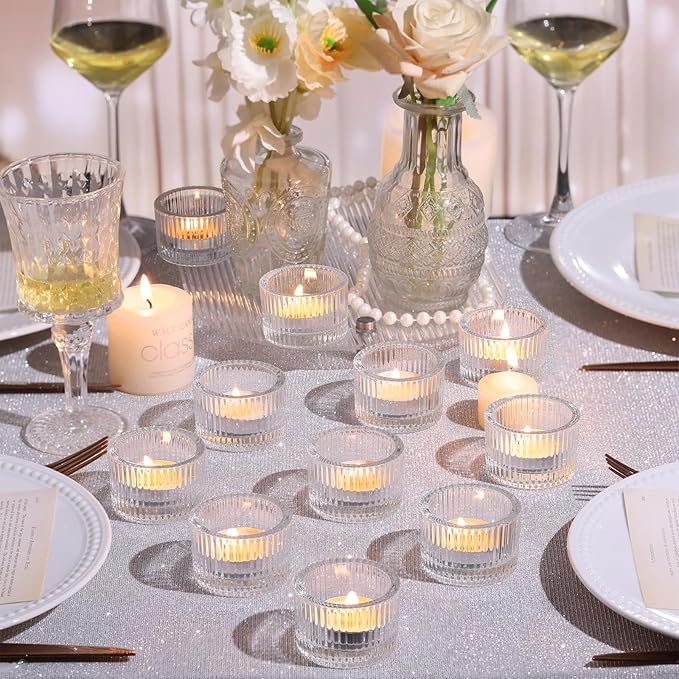 30Pcs Clear Tealight Candle Holder with 32pcs Tea Light Candles, Ribbed Votive Candle Holders Glass for Table Centerpiece, Wedding Decor, Home and Holiday Decor