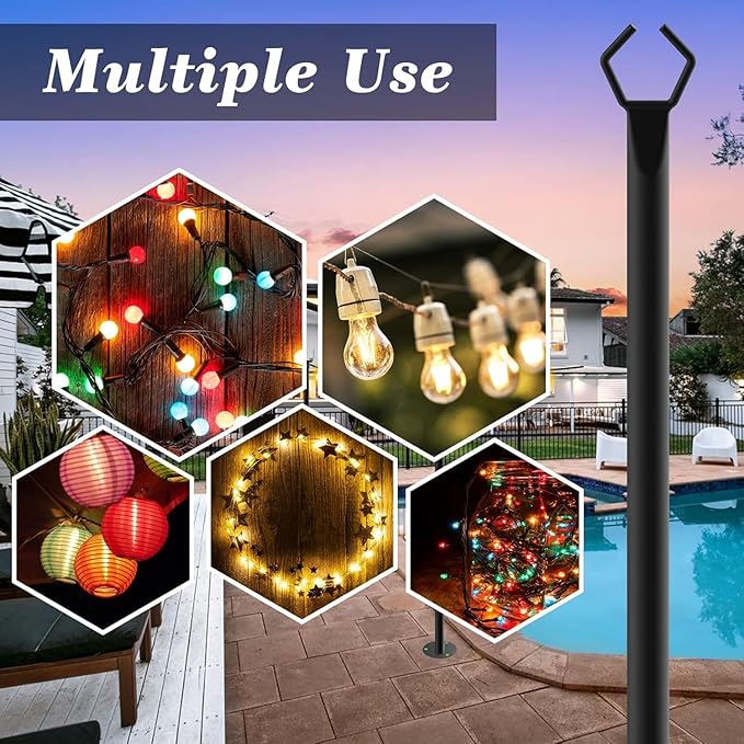 6 Pack 10Ft String Poles, Poles for Outside String Lights,Outdoor with Fork,Metal Poles Stand for Patio,Backyard,Deck