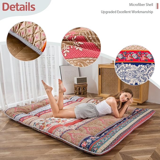 MAXYOYO Bohemian Retro Floor Mattress Vintage Floral Japanese Futon Mattress Roll Up Thicken Sleeping Bed Portable Camping Mattress Floor Lounger Couch Bed Mattress Pad, Full Size